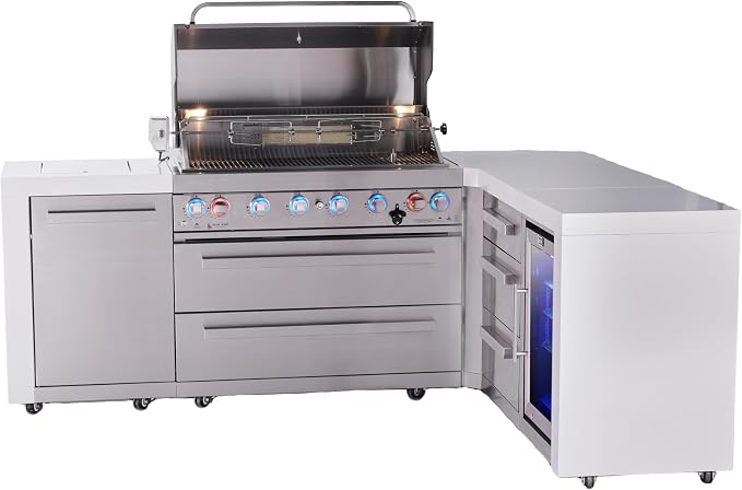 Mont Alpi Deluxe 94"W x 75"D Stainless Steel L-shaped Outdoor Kitchen Island with Refrigerator + 44"W 6-Burner BBQ Grill + Side Burner + Granite Countertops + Storage Cabinets + Rotisserie Kit + Cover