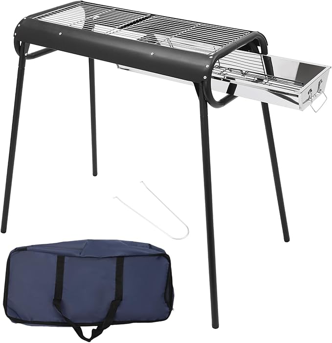 Portable BBQ Griddle with Pull-Out Charcoal Slot, Outdoor Stainless Steel Charcoal Grill, Detachable BBQ Grill Set with Storage Bag, for Family Camping Picnic, 3-8 Persons