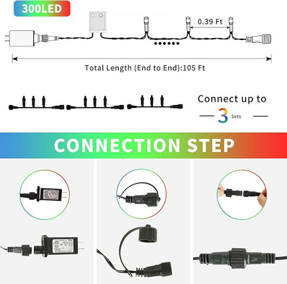 Color Chang Christmas Lights, Christmas String Lights | 105FT 300 LED End to End Connected 9 Modes Timer Remote for Outdoor Indoor Trees, Garden, Party (Warm White + Multicolor)