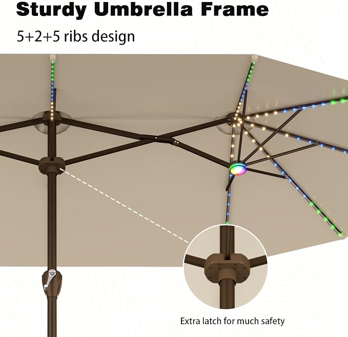 AreShark 15FT Large Rectangular Patio Umbrella with Solar Lights, Beige | Rectangle Lighted Outdoor Umbrella with Crank, Double-Sided Market Umbrella with Base for Porch, Lawn, Pool, Backyard