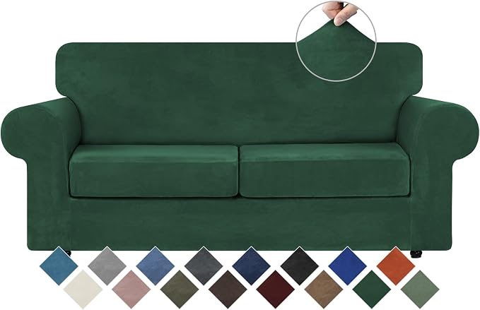 WEERRW Velvet Stretch 3 Pieces Couch Cover for Sofa Washable, Emerald Green | Love Seat Couch Covers for 2 Cushion Couch Sofa Furniture Protector slipcoves with Elastic Bottom for Kids, Medium