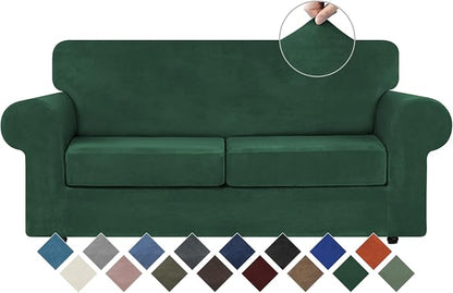 WEERRW Velvet Stretch 3 Pieces Couch Cover for Sofa Washable, Emerald Green | Love Seat Couch Covers for 2 Cushion Couch Sofa Furniture Protector slipcoves with Elastic Bottom for Kids, Medium