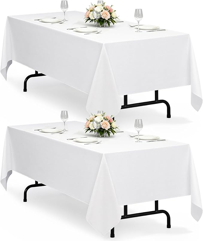 Decorelia White Waterproof Table Cloths for 4 Ft Rectangle Table-2 Pack, Washable Polyester Rustic Reusable Rectangular Table Cloth Cover for Wedding,Outdoor,Events, Party,Banquet, Dining, 60x84 Inch