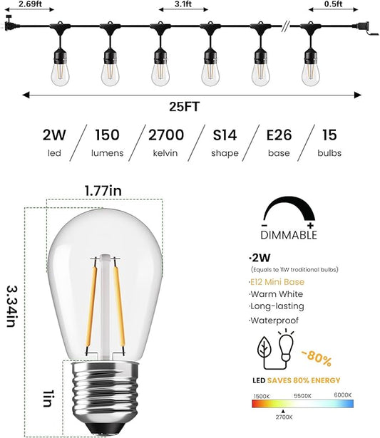 Svater 25 FT Outdoor String Lights LED 2W S14 Commercial Grade Waterproof | Outside Patio Light with Plastic 2 Watt Antique Edison E26 Bulbs, Connectable Hanging Strand for Bistro Cafe Backyard 2700K