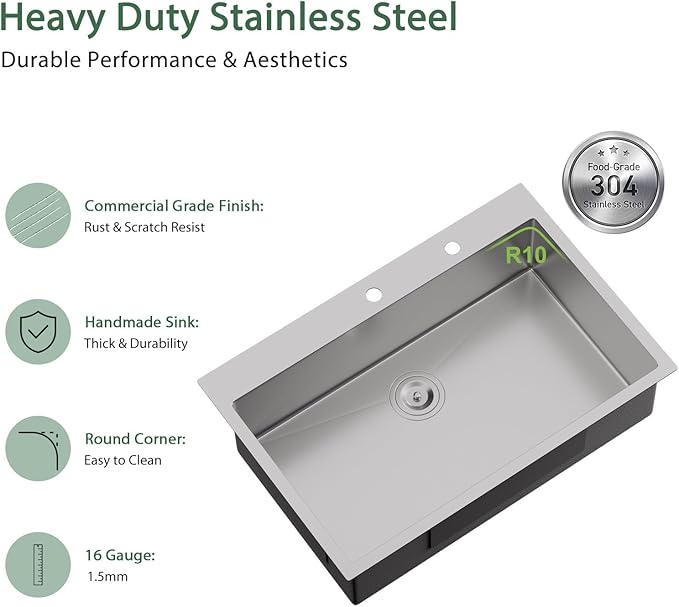 30x22 Drop In Kitchen Sink - Couoko 30 Inch 16 Gauge T304 Stainless Steel Drop In Sink Large Deep Handmade Single Bowl Kitchen Sinks with Accessories, 30"x22"x9"