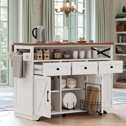 Bellemave 46.5" Farmhouse Kitchen Island cart with Charging Station and with Drape of Beads, Rolling Kitchen Island Table with Drop-Leaf, 3 Drawers, White