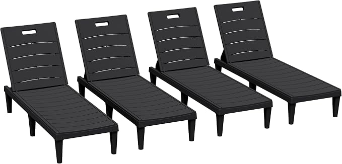 Greesum 4-Pack Adjustable Chaise Lounges, Black | 5-Pos Recline, Waterproof PP, UV-Resist, Stackable, Easy-Clean, for Pool/Patio/Beach, Tool-Free