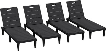 Greesum 4-Pack Adjustable Chaise Lounges, Black | 5-Pos Recline, Waterproof PP, UV-Resist, Stackable, Easy-Clean, for Pool/Patio/Beach, Tool-Free