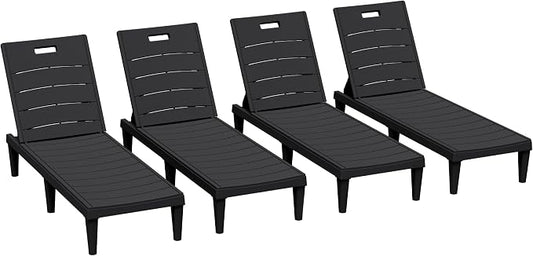 Greesum 4-Pack Adjustable Chaise Lounges, Black | 5-Pos Recline, Waterproof PP, UV-Resist, Stackable, Easy-Clean, for Pool/Patio/Beach, Tool-Free