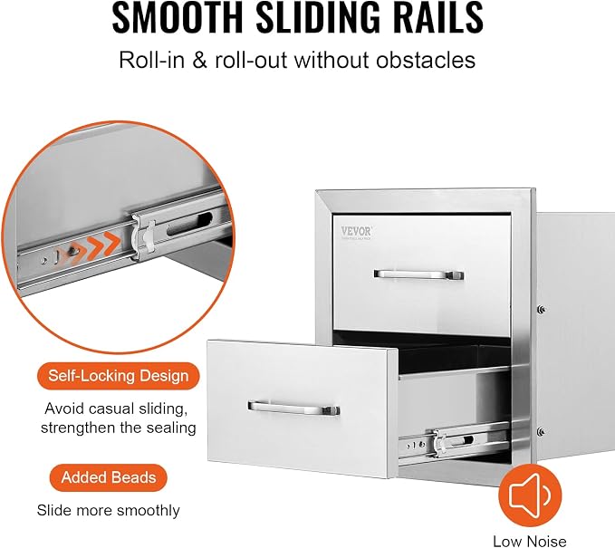 VEVOR Outdoor Kitchen Cabinets 14W x 14.3H x 23D Inch, BBQ Island Drawers Stainless Steel, Flush Mount Double with Handle, BBQ Island for Outdoor Kitchens or Grill Station