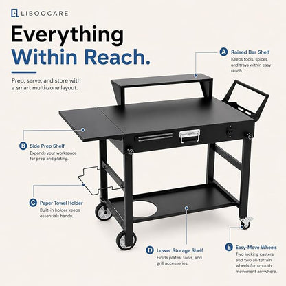 Grill Cart for Blackstone 22 Inch Griddle, 31" Tall Foldable Outdoor Griddle Table with Wheels, BBQ Prep Station with Side Shelf, Bar Top Shelf & Lower Storage