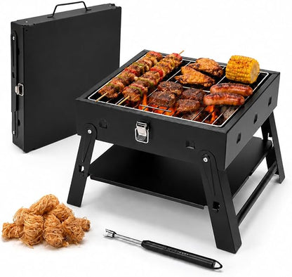Small Portable BBQ Charcoal Grill: Mini Foldable Table Top Barbecue Grills with Fire Starter Kit for Outdoor Cooking, Fathers Day Birthday Grilling Gift for Men Dad Husband