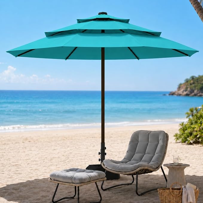 10ft Patio Umbrella, 3-Tier Vented Outdoor Table Umbrella with 8 Sturdy Fiberglass Ribs, Windproof Market Umbrella with Push Button Tilt and Crank, UV Protection for Deck, Pool, Turquoise Blue