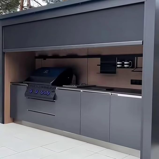 Integrated Modular Outdoor Kitchen Island, BBQ Cooking Station with Extra Side Burner & Beverage Fridge, Weather Resistant Outdoor Grill Unit for Winery, Restaurant Outdoor Dining & Family Gathering