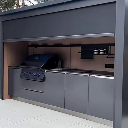 Integrated Modular Outdoor Kitchen Island, BBQ Cooking Station with Extra Side Burner & Beverage Fridge, Weather Resistant Outdoor Grill Unit for Winery, Restaurant Outdoor Dining & Family Gathering
