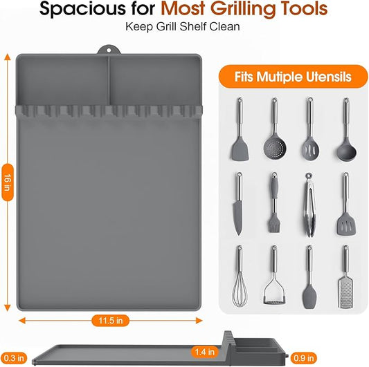 Silicone Grill Mats Compatible with Blackstone, Spatula Tools Mat with Drip Pad, Griddle Mats BBQ Grill Accessories, Side Shelf Pad for Kitchen Counter Outdoor Grill, Easy-to-Clean, Grey