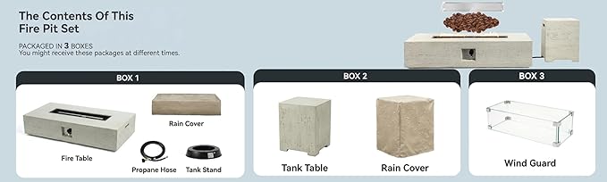 56-inch Rectangle Propane Gas Fire Pit Table, CSA Certified 50,000 BTU Outdoor Fireplace for Backyard, Porch, Garden (White, Fire Pit with Wind Guard&Tank)