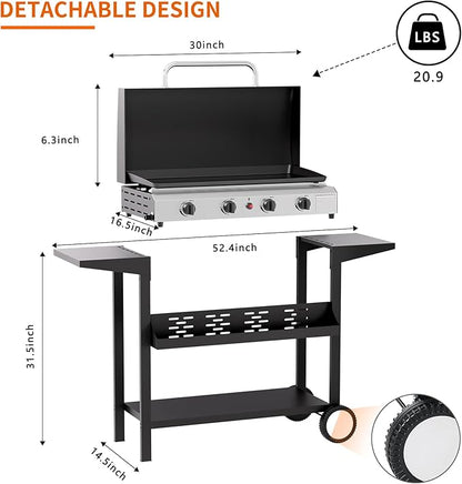 SKOK 4 Burners Outdoor Gas Griddle with Hood, Portable Flat Top Gas Grill-Table Top Propane Griddle Station with Side Shelves for Kitchen, Outdoor BBQ, Camping