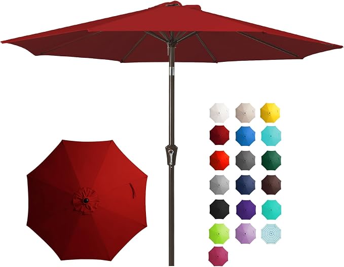 JEAREY 9FT Outdoor Patio Umbrella, Market Umbrella, Burgundy | Outdoor Table Umbrellas with 8 Sturdy， Tilt & Crank UV Protection Waterproof for Garden, Deck, Backyard, Pool