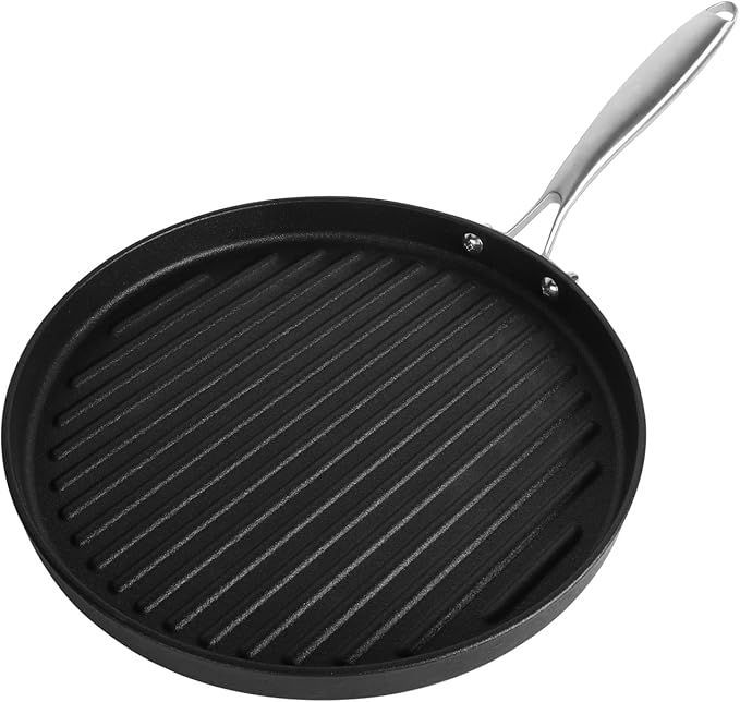 12 Inch Cast Iron Grill Pan with Stainless Steel Handle, Pre-Seasoned Round Ribbed Skillet for Stovetop, Oven & Grill, Perfect for Steak, Burgers, Indoor & Outdoor BBQ