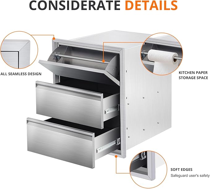 18" W x 23" H x 23" D Outdoor Kitchen Drawers with Paper Towel Holder, 3-Layer Outdoor Kitchen Access Drawer, Stainless Steel Built-in BBQ Drawer for Outdoor Kitchen Island, Patio Grill Station