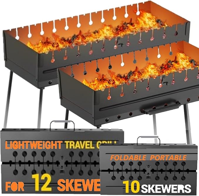 Charcoal Grill for 12 Skewers Charcoal Grill for 10 Skewers Portable Barbecue Camp Grills Foldable Metal Mangal BBQ for EDC Picnic Outdoor Cooking Camping Hiking