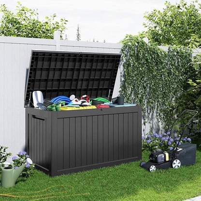 ROJIK Outdoor Storage Housing Deck Box,Waterproof Patio Furniture, Garden Tools,Cushions,Pool Accessories Storage Bench with Lockable Lid and Side Handles (Black,280 Gal)