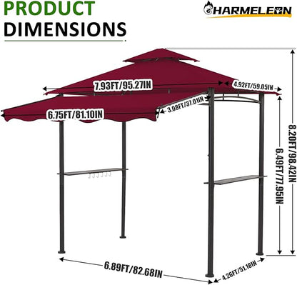 CHARMELEON 8x8 FT Grill Gazebo,Grill Canopy with Big Awning&2 Side Shelves&6 Hooks,Powder-Coated Steel BBQ Shelter for Patio Backyard Outdoor Grilling-Burgundy