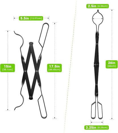 himaly 26" Heavy Duty Wrought Iron Fireplace Tongs & Poker Tool Set | Rust Resistant Black Finish, Fire Pit Poker Log Grabber, Indoor/Outdoor