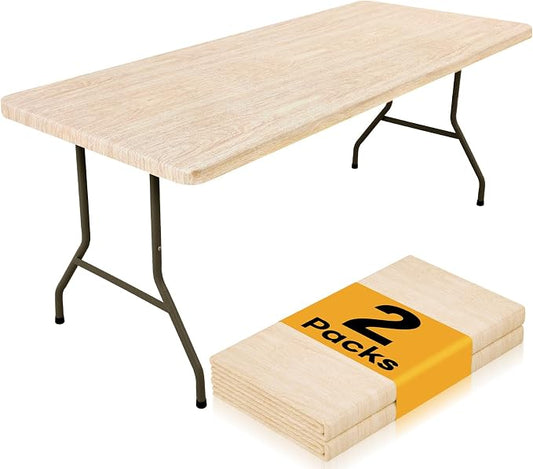Smiry 2 Pack Rectangle Table Cloth 8 Foot, Waterproof Elastic Fitted Tablecloths, Windproof Washable Polyester Table Cover for Picnic, Camping, Outdoor (Ivory, 30"x96")