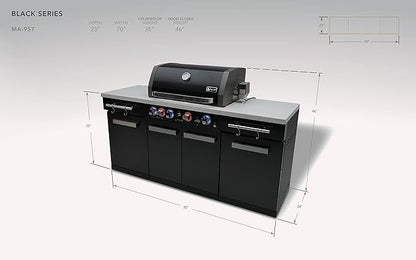 Mont Alpi Premium 70"W x 24"D Black Stainless Steel Compact Outdoor Kitchen Island with Access Doors + 32"W 4-Burner BBQ Grill with Infrared Rear Burner + Storage Cabinets + White Granite Countertops