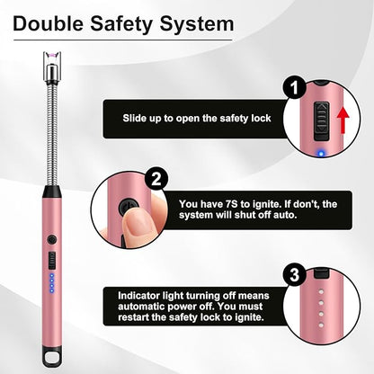 Upgraded 2 Pack Electric Candle Lighter with 360° Flexible Neck & Safety Lock, Windproof USB Rechargeable Flameless Arc Long Lighters for Grill, BBQ, Camping, Fireplace, Stove (Black & Rose Gold)