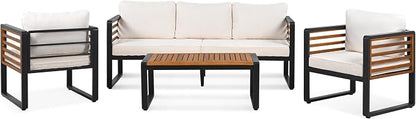 4-Pieces Outdoor Patio Sectional Sofa Set with Coffee Table, All-Weather 5 Person Conversation Set with Thick Cushions and Pillows for Garden Backyard Balcony, Acacia Wood Tabletop (Beige-N74)