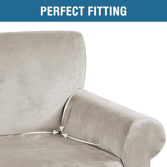 H.VERSAILTEX Stretch Velvet Sofa Covers for 3 Cushion Couch Covers Furniture Protector Soft with Non Slip Elastic Bottom, Crafted from Thick Comfy Rich Velour (Large Sofa 90"-97", Oatmeal)