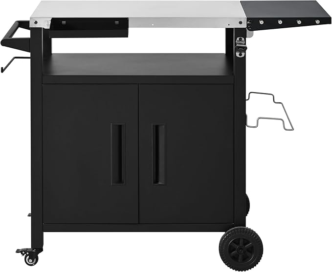 Outdoor Grill Cart with Storage, Stainless Steel Top Movable Kitchen Island for BBQ and Pizza Oven, Heavy Duty Food Prep Station with Foldable Shelf, Hooks and Waterproof Cover