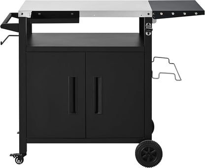 Outdoor Grill Cart with Storage, Stainless Steel Top Movable Kitchen Island for BBQ and Pizza Oven, Heavy Duty Food Prep Station with Foldable Shelf, Hooks and Waterproof Cover