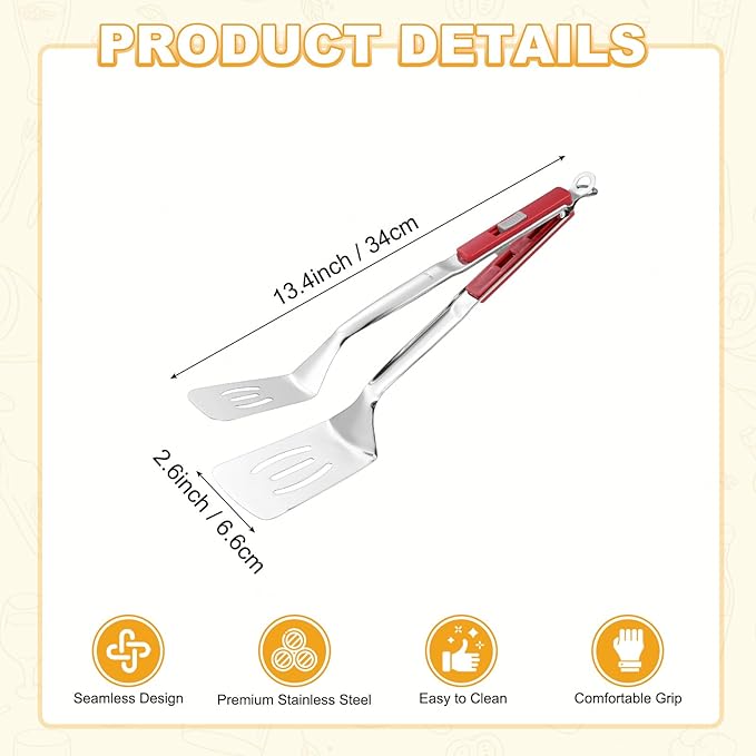 M METERXITY Spatula Tongs, 13.4 Inch 304 Stainless Steel Anti-Scald Extended Multifunctional Flipper Grill Clamp for Cooking/Barbecue, Kitchen Cooking Tongs [Red Handle, Silver Tone]