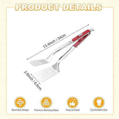 M METERXITY Spatula Tongs, 13.4 Inch 304 Stainless Steel Anti-Scald Extended Multifunctional Flipper Grill Clamp for Cooking/Barbecue, Kitchen Cooking Tongs [Red Handle, Silver Tone]