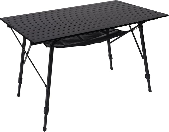 Portal Camping Table Portable Foldable with Adjustable Legs, Aluminum Folding Table Roll Up Table with Carrying Bag for Outdoor, Beach, Picnic, Backyards, BBQ and Party, Black, Big