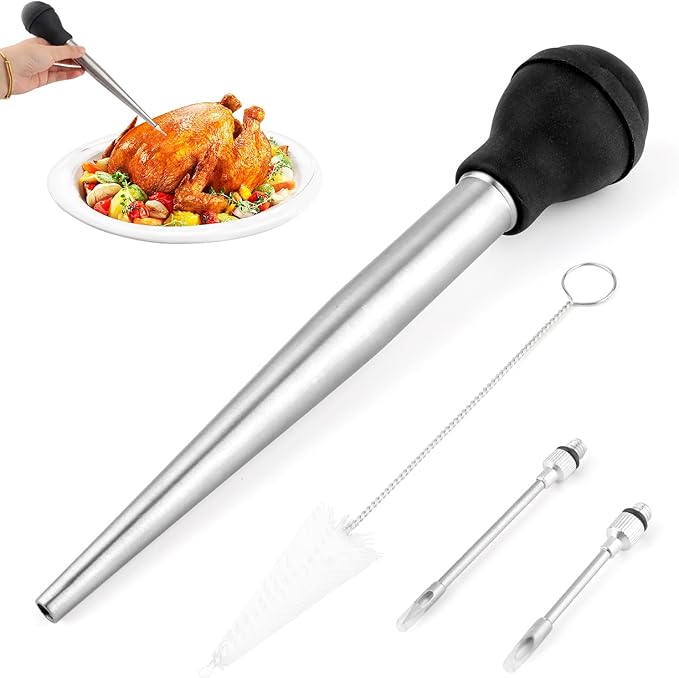 304 Stainless Steel Large Turkey Baster for Cooking,Food Grade Baster Syringe and Silicone Suction Bulb,with 2 Detachable Needles1 Cleaning Brush,for Kitchen,BBQ,Grill Baking,Meat Injection (Black)