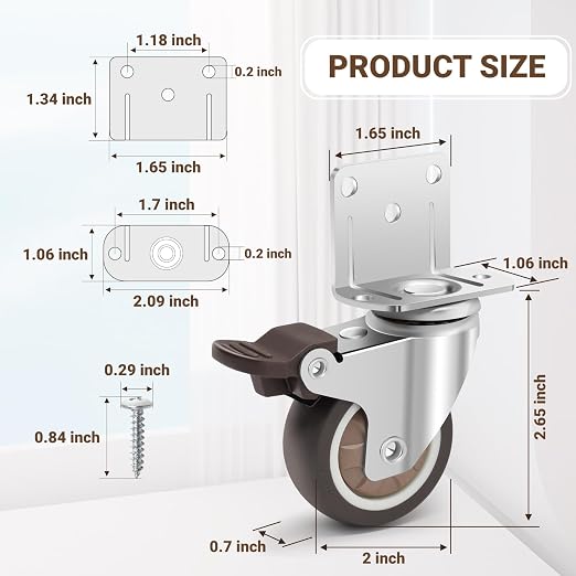 Nefish Side Mount Casters 2 Inch L-Shaped Small Rubber Caster Set of 4, Ball Bearing 360 Degree Plate Swivel Castors Wheel 600 LBS, Casters Wheels for Furniture, Baby Bed, Kitchen, Cabinet, Table