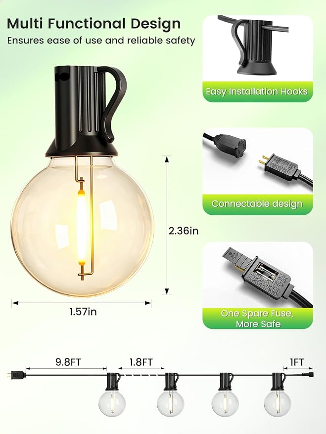 LACHON Outdoor String Lights Waterproof 100 FT, Patio Lights Outside with 52 Shatterproof G40 Bulbs, Dimmable Hanging Globe Lighting for Bistro Backyard Cafe Market Porch, Warm White 2700K