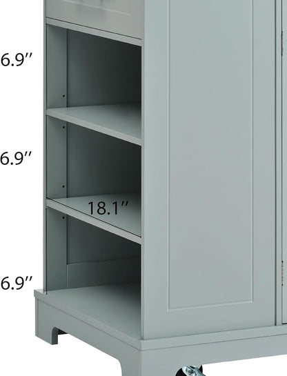 Ball & Cast Fluted Kitchen Island with Trash Can Storage Cabinet,Power Outlet,Internal Storage Rack,Rolling Kitchen Islands On 5 Wheels W/3 Drawer&3 Open Side Racks for 10 Gallon Garbage Bin,Grey Blue