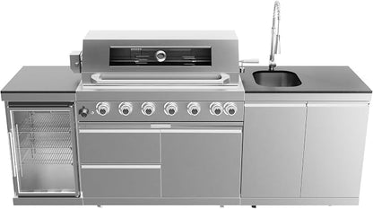 96" Outdoor Kitchen Grill Island with Refrigerator and Sink, 6 Burner 85000 BTU Stainless Steel BBQ Grill Station, Outdoor Cooking Station for Backyard Patio Poolside, Silver