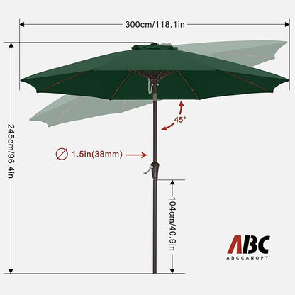 ABCCANOPY 10FT Patio Umbrella, Outdoor Waterproof Table Umbrella with Push Button Tilt and Crank, 8 Ribs UV Protection Pool Umbrella for Garden, Lawn, Deck & Backyard (Forest Green)