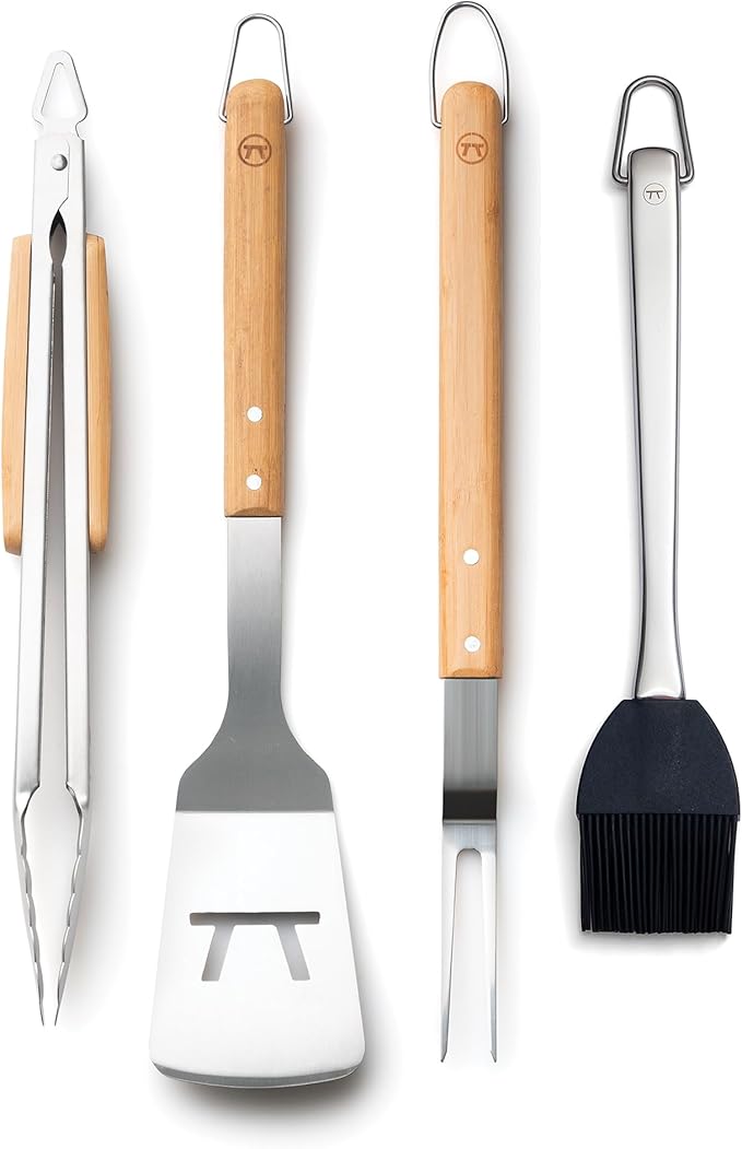 Outset Stainless Steel Grill Tool Set, Verde Collection, Spatula, Tongs, Grill Fork, and Sauce Brush