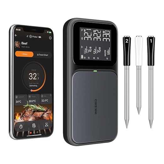 3-Probe Wireless Meat Thermometer with WiFi & Bluetooth, 5-in-1 Sensor for Precision, Rechargeable Smart Meat Thermometer for Cooking BBQ, Grilling and Smoking with Clear LCD Screen