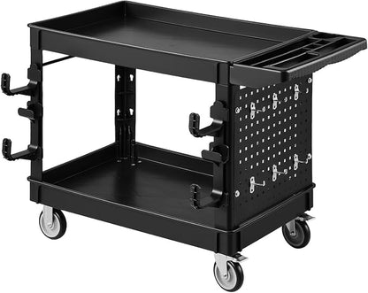 VEVOR Utility Cart with Tray & Pegboard, 44.8 x 24in 2 Tier Service Cart with 360° Swivel & Fixed Wheels (2 Brakes), 550 LBS Work Cart Tub Storage W/Deep Shelves, Tool Storage for Garage Warehouse
