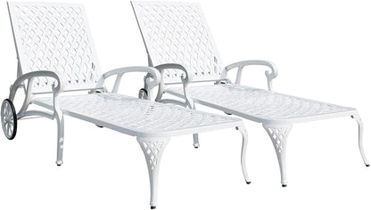 KEIKI Chaise Lounge Chair Outdoor Set of 2, Aluminium Cast Patio Chaise Lounge with Adjustable Backrest and Moveable Wheels, 3 Pieces Outside Tanning Chair, White and White (Side Table Not Included)