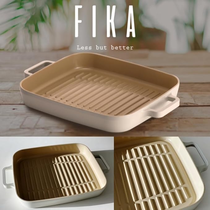 FIKA Kitchen Nonstick BBQ Grill Pan with Handle, Healthy Cooking Ceramic Coating Griddle Pan, Induction Compatible Barbeque Skillet, Dishwasher & Oven Safe, Made in Korea (11" X 9.8")